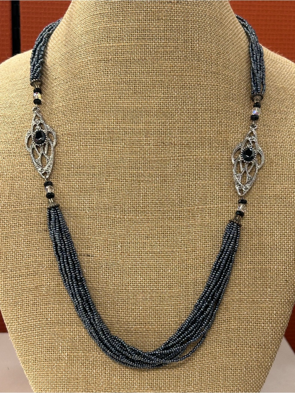 Elegant grey black glass Beaded Multi-Strand Necklace with Silver Filigree
